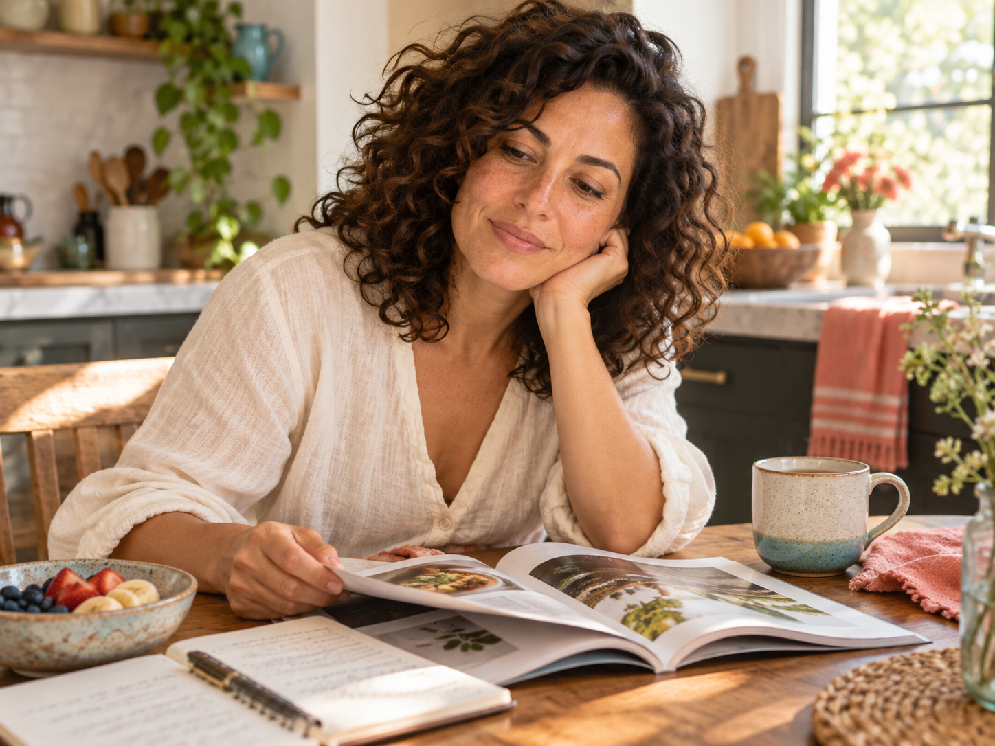 Sarah reading at her kitchen table with a cup of tea and a notebook.