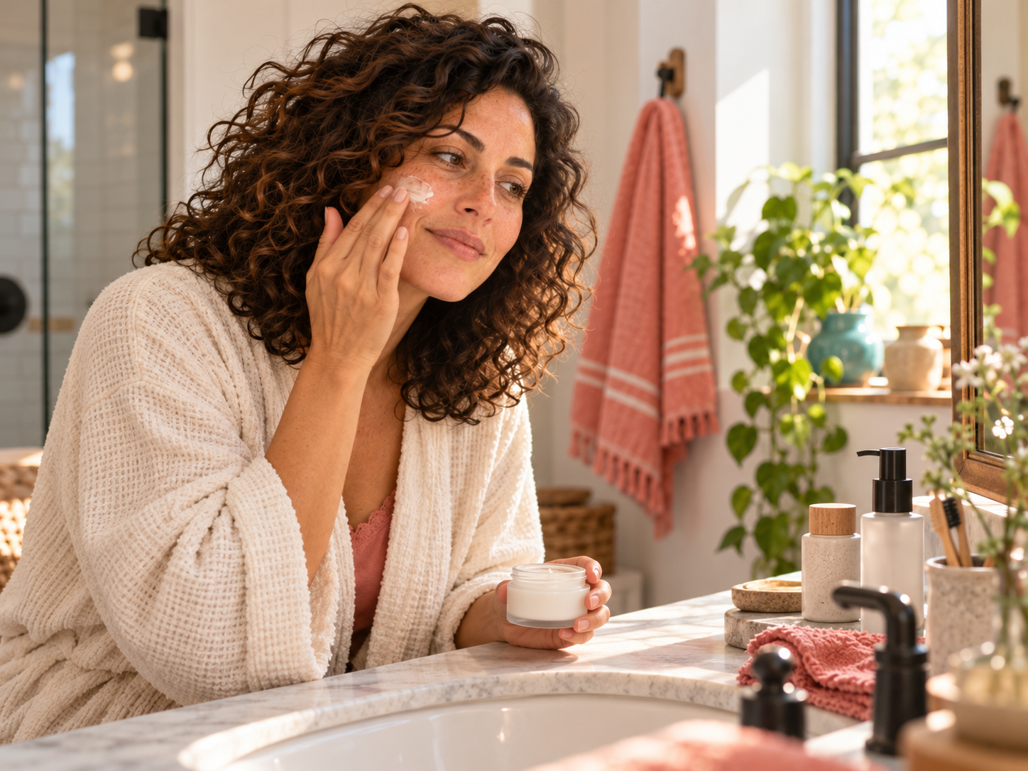 Sarah following a simple skincare routine at her bathroom counter.